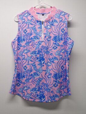 NWT Soneven Sleeveless Golf Polo Shirt Womens L Pink Blue Coral Shell Jellyfish